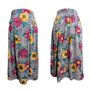Vintage 80s Floral Print Midi Skirt Yellow and Pink Flower Print Skirt